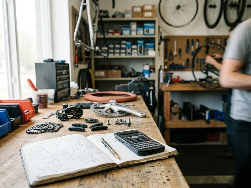Pièces de vélo et carnet de suivi des coûts sur un établi d’atelier.